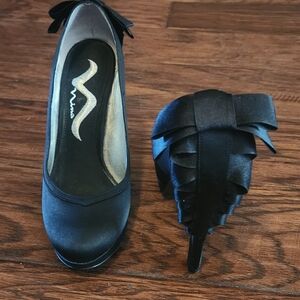 Nina Black Satin Heels with Bow Detail